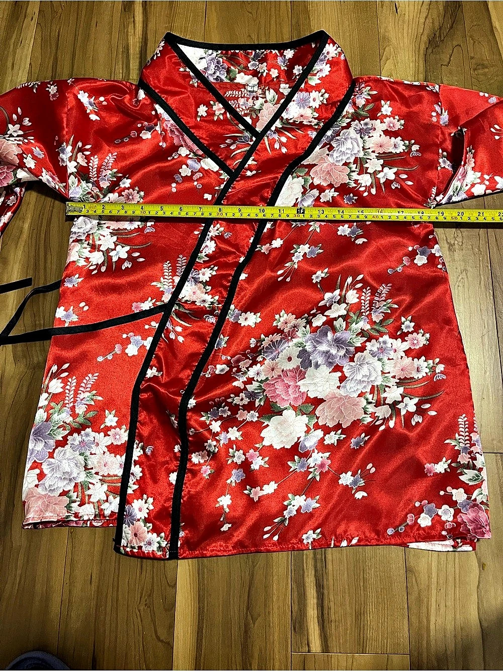 Red Floral Satin Kimono Top & Black Bow Set Wrap Blouse Cosplay Festival L - Picture 5 of 12